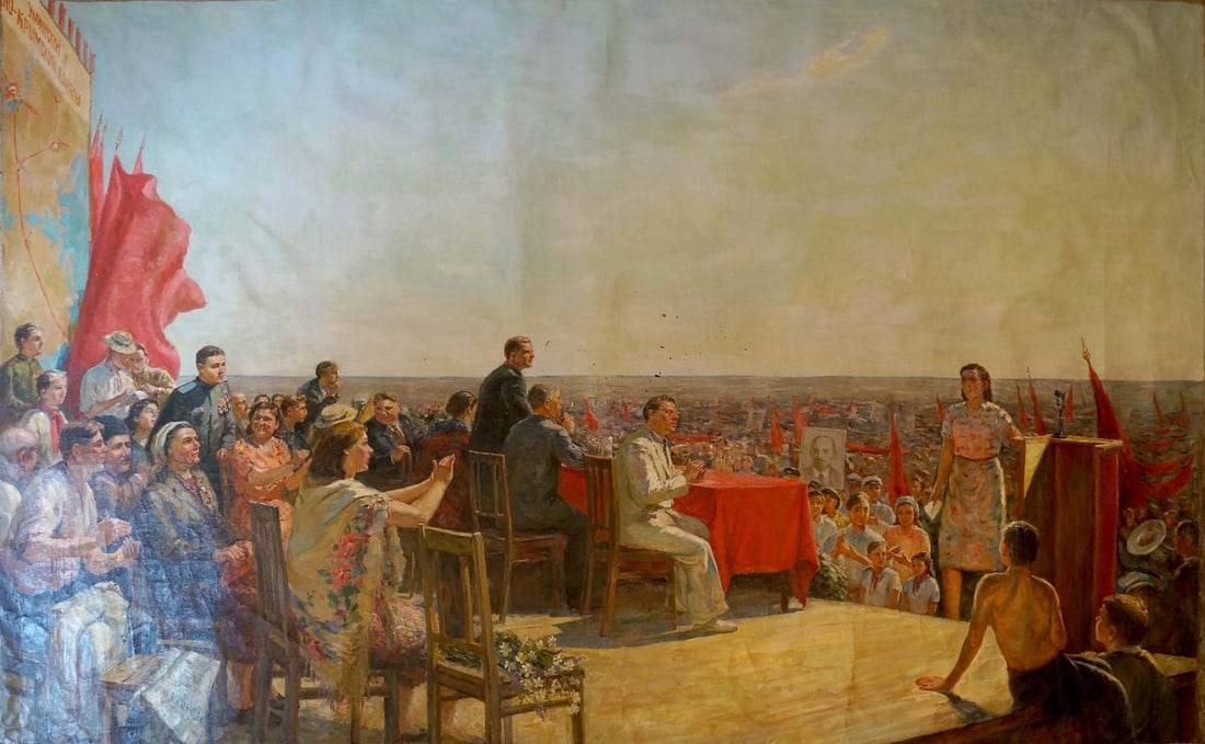 Oil painting Rally of people Pyotr Kuzmich Stolyarenko: Title: Oil painting Rally of people Pyotr Kuzmich Stolyarenko Description: No. Verns 938 *** ABOUT THIS PAINTING *** * TITLE: "Rally of people" * ARTISTS: Pyotr Kuzmich Stolyarenko * SIZE: 186x296 cm/