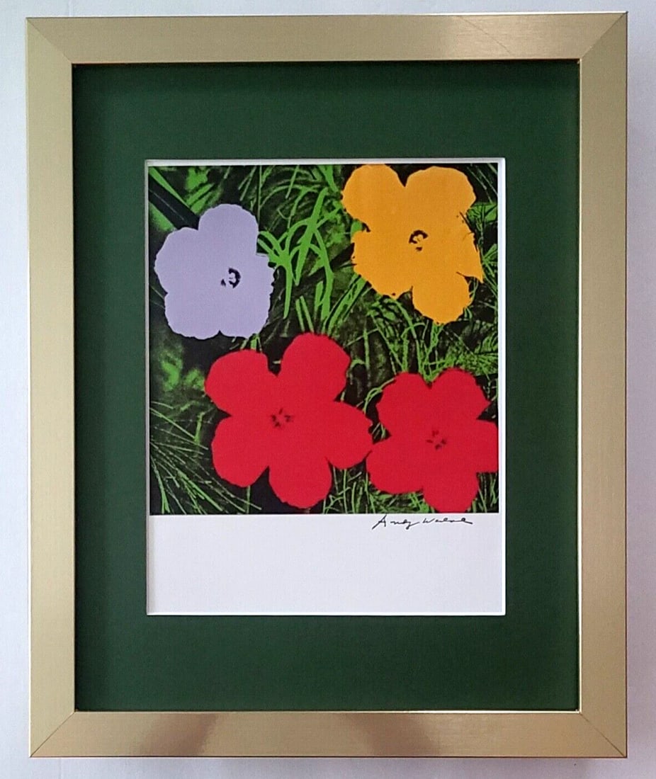 ANDY WARHOL + GORGEOUS 1980's SIGNED FLOWERS PRINT MATTED & FRAMED: This is an Awesome and Scarce 1980's Print after Andy Warhol FACSIMILE SIGNATURE IN INK " FLOWERS " from - His Portraits Collection- Matted and Framed Golden Frame Covers an area of 15 x 12in. Printed