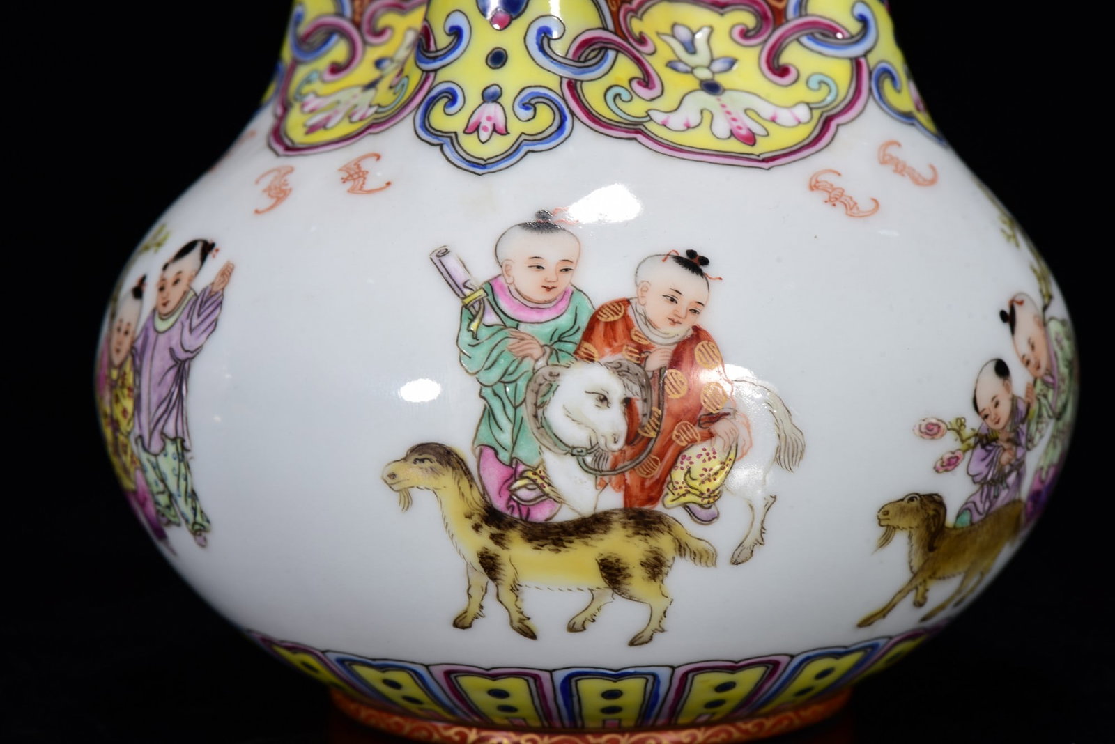 Gilt Gold Famille Rose Five Mouth Porcelain Vase w Qianlong Mark - 3