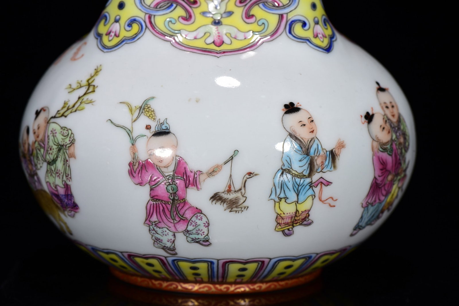 Gilt Gold Famille Rose Five Mouth Porcelain Vase w Qianlong Mark - 4