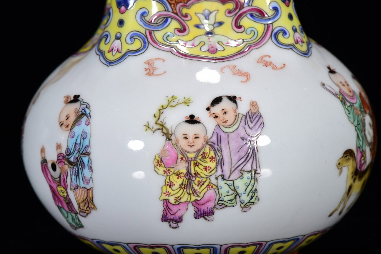 Gilt Gold Famille Rose Five Mouth Porcelain Vase w Qianlong Mark - 5