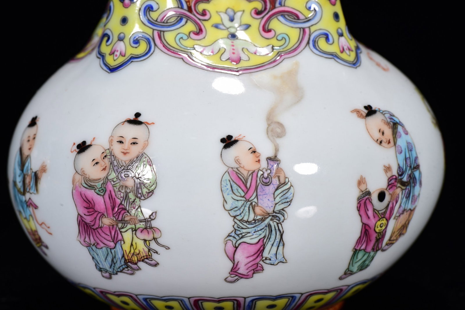Gilt Gold Famille Rose Five Mouth Porcelain Vase w Qianlong Mark - 6