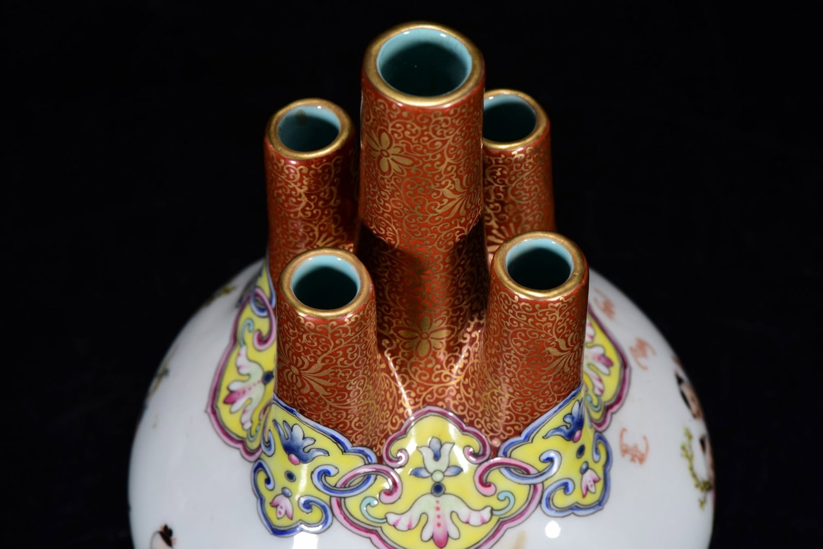 Gilt Gold Famille Rose Five Mouth Porcelain Vase w Qianlong Mark - 7