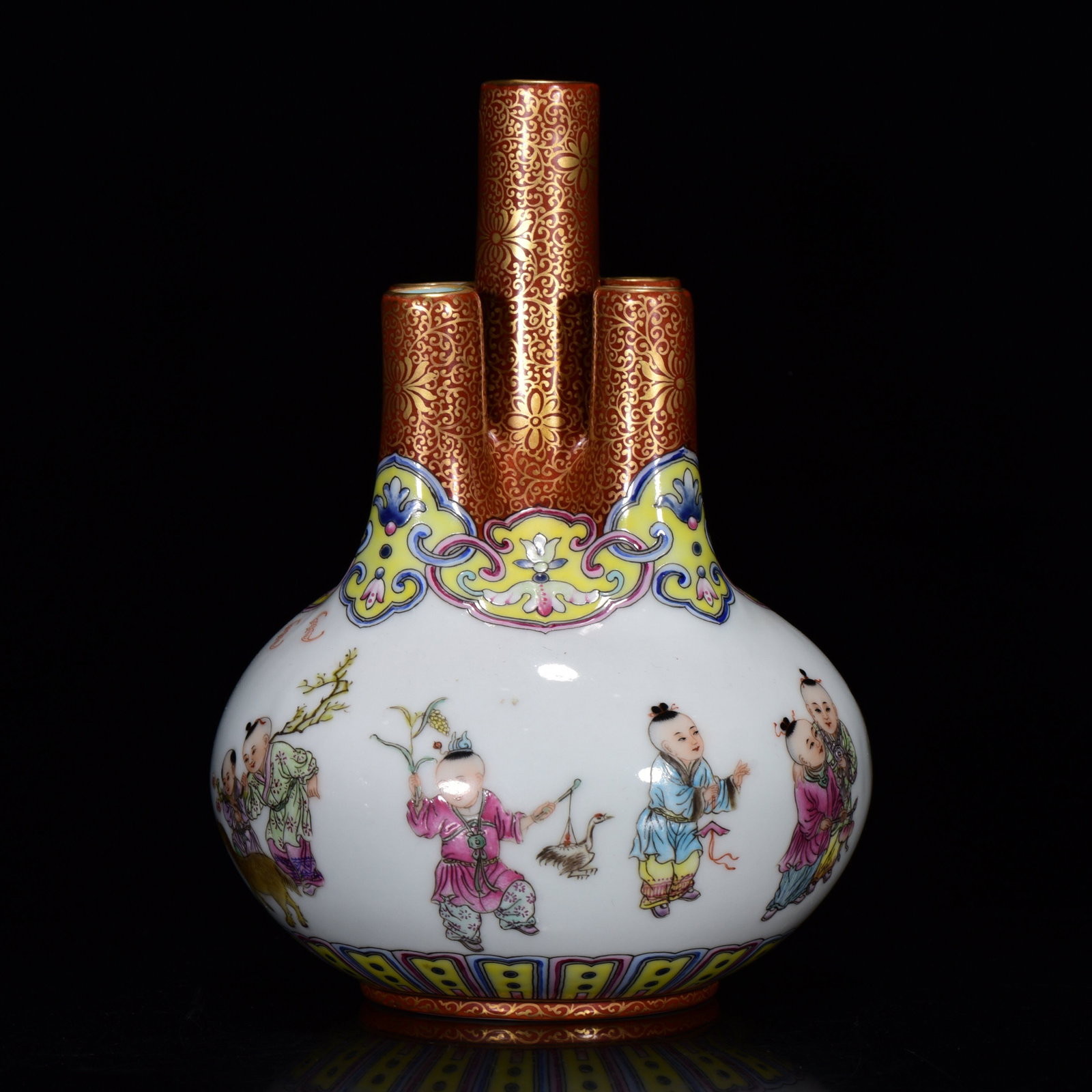 Gilt Gold Famille Rose Five Mouth Porcelain Vase w Qianlong Mark - 8