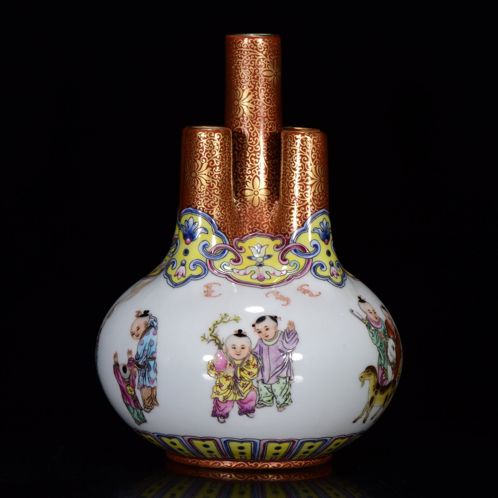 Gilt Gold Famille Rose Five Mouth Porcelain Vase w Qianlong Mark - 9