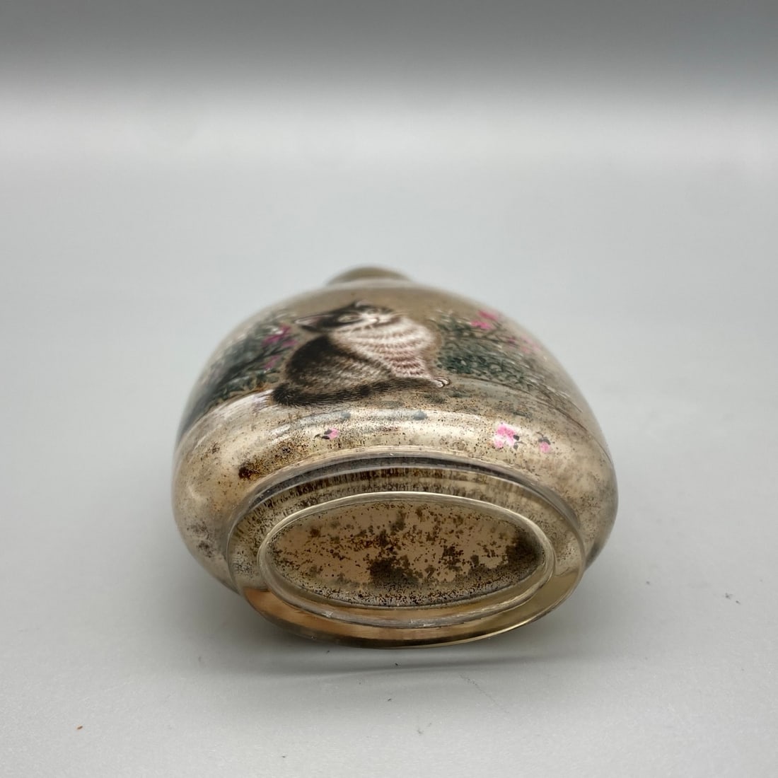 Peking Glass Inside Painting Cat Design Snuff Bottle w Stoppe - 2