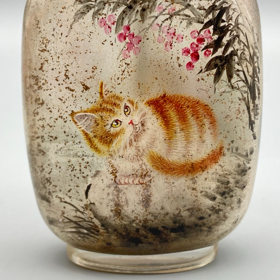 Peking Glass Inside Painting Cat Design Snuff Bottle w Stoppe - 4