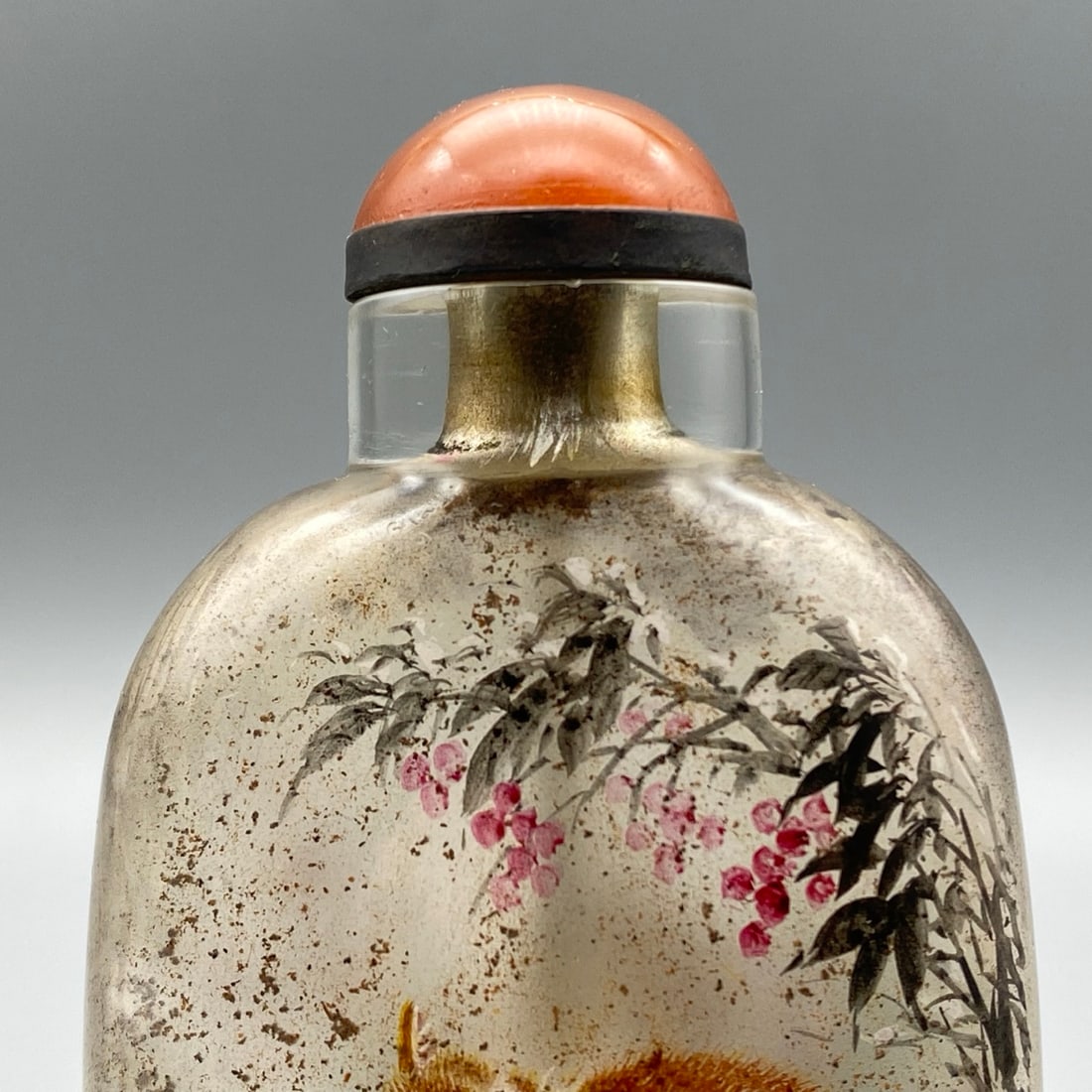 Peking Glass Inside Painting Cat Design Snuff Bottle w Stoppe - 5