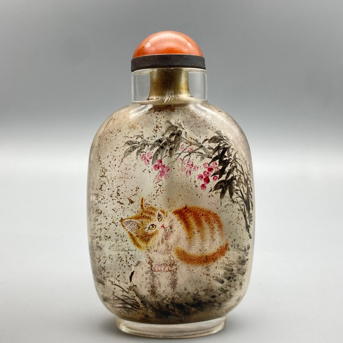 Peking Glass Inside Painting Cat Design Snuff Bottle w Stoppe - 6