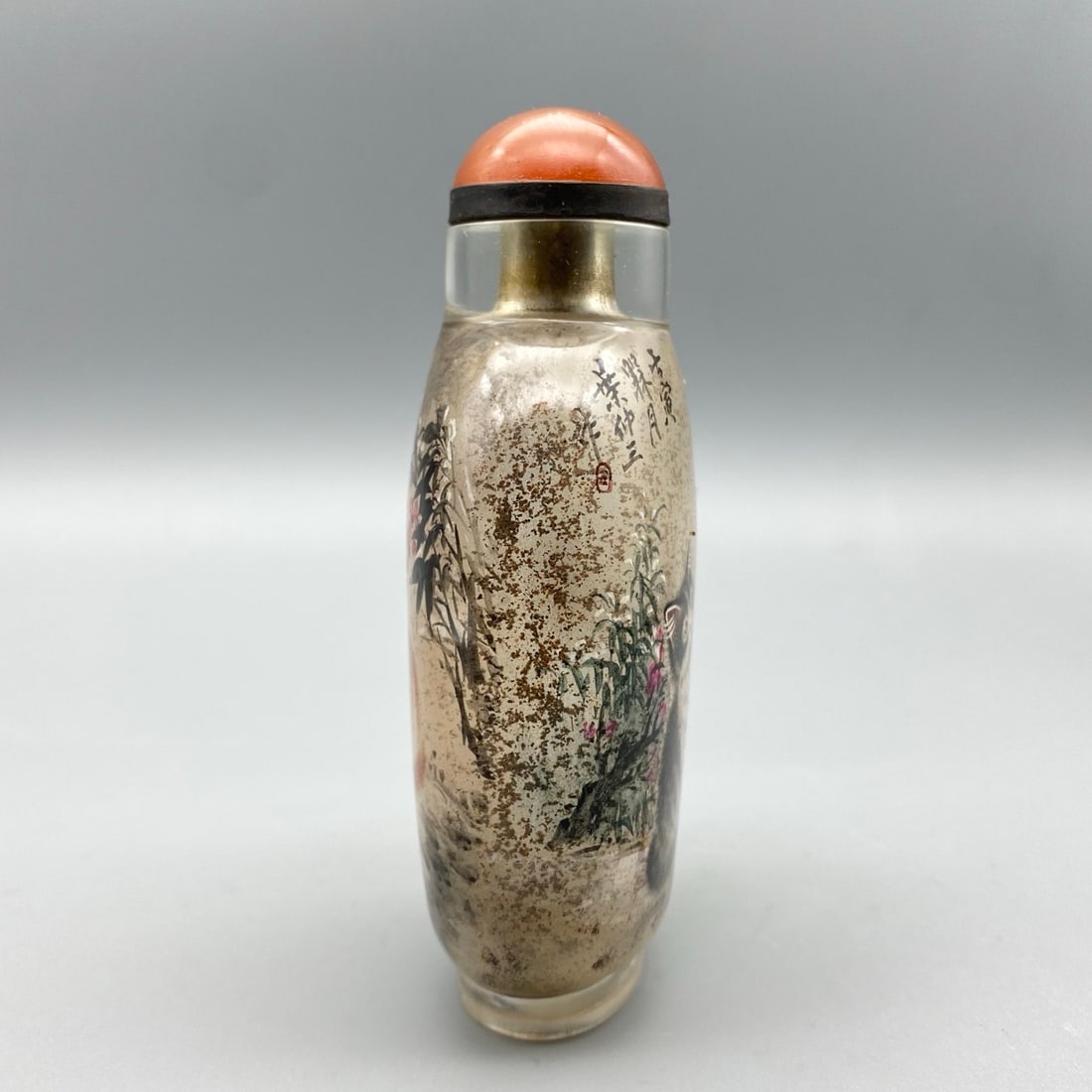 Peking Glass Inside Painting Cat Design Snuff Bottle w Stoppe - 7