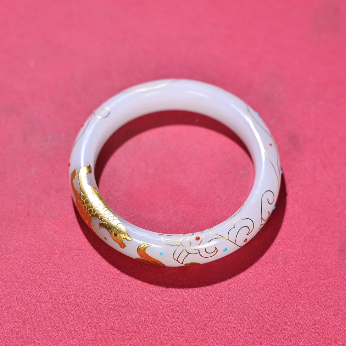 Inside Diameter 55mm Hetian Jade Inlay Silver Wire,Gold Beast,Gem Bracelet Bangle - 2