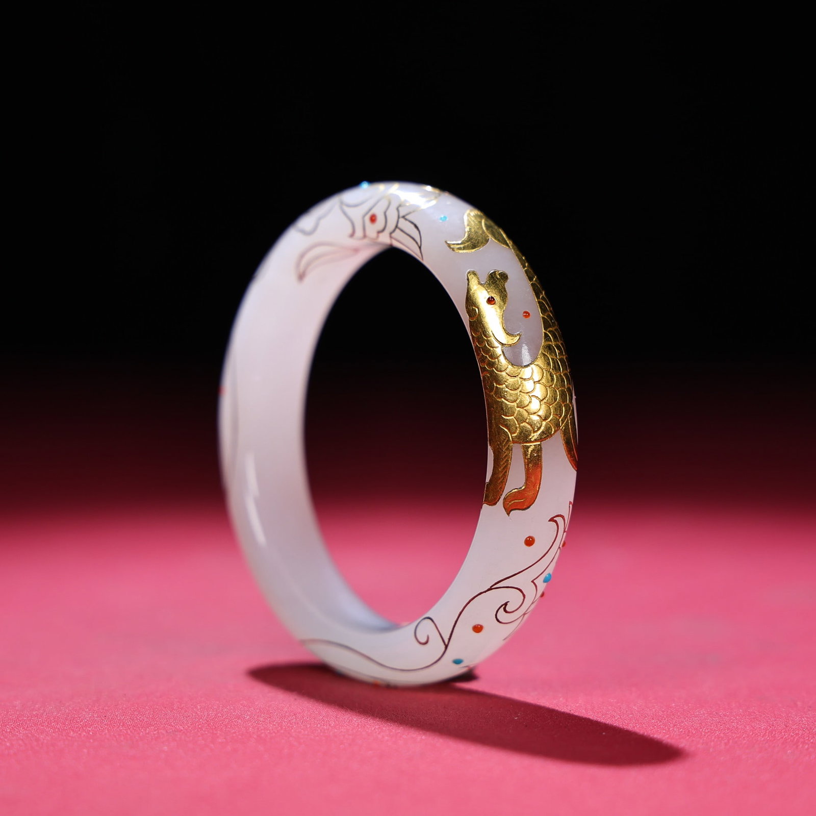 Inside Diameter 55mm Hetian Jade Inlay Silver Wire,Gold Beast,Gem Bracelet Bangle - 5