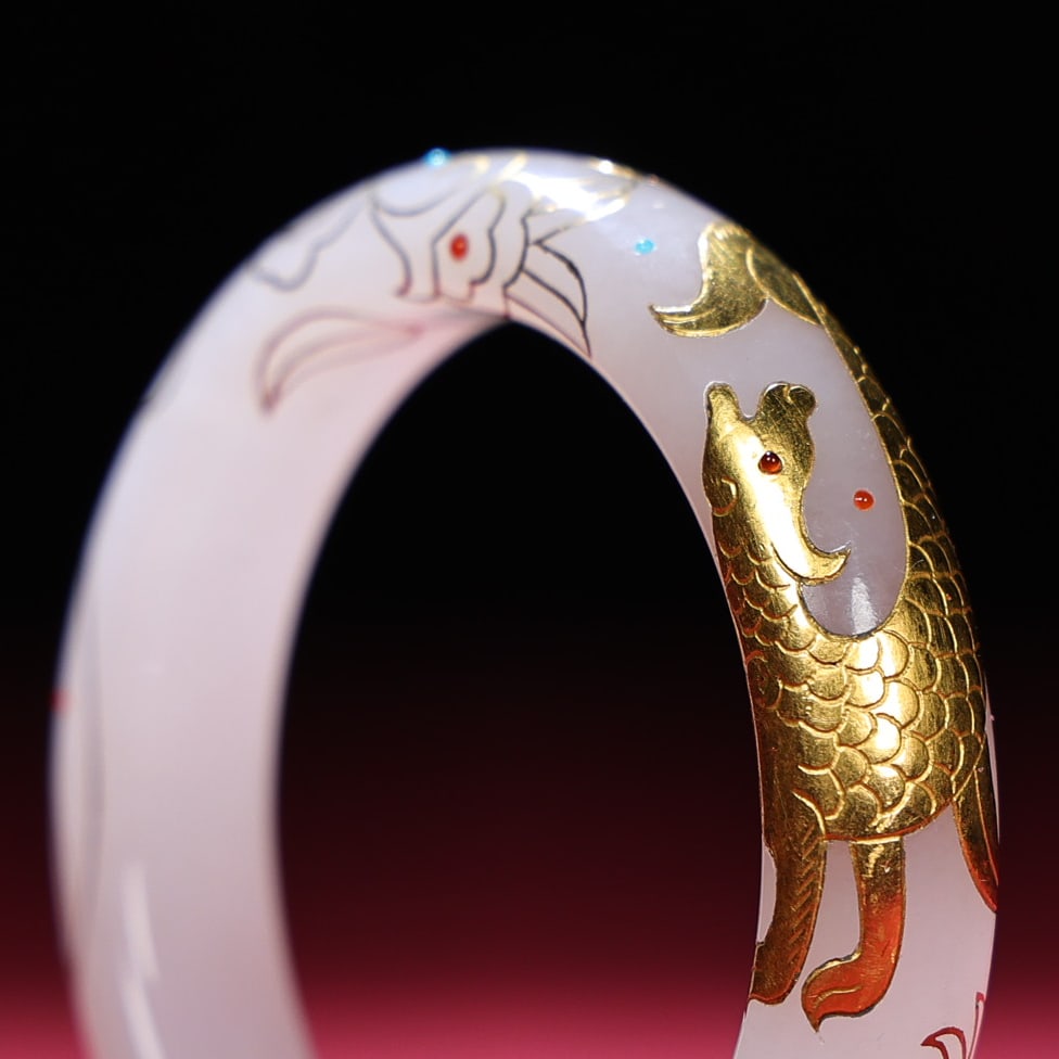 Inside Diameter 55mm Hetian Jade Inlay Silver Wire,Gold Beast,Gem Bracelet Bangle - 6