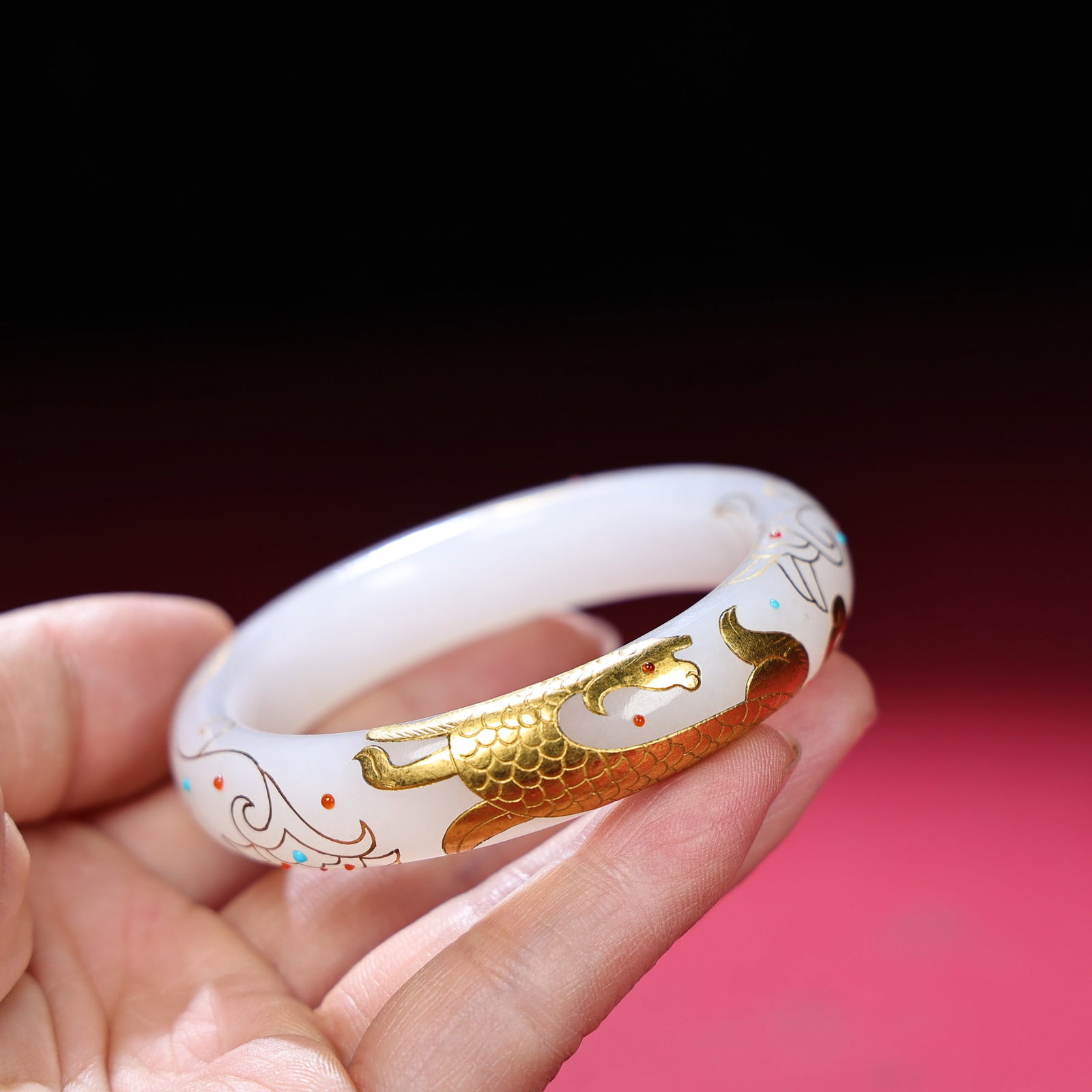 Inside Diameter 55mm Hetian Jade Inlay Silver Wire,Gold Beast,Gem Bracelet Bangle - 9