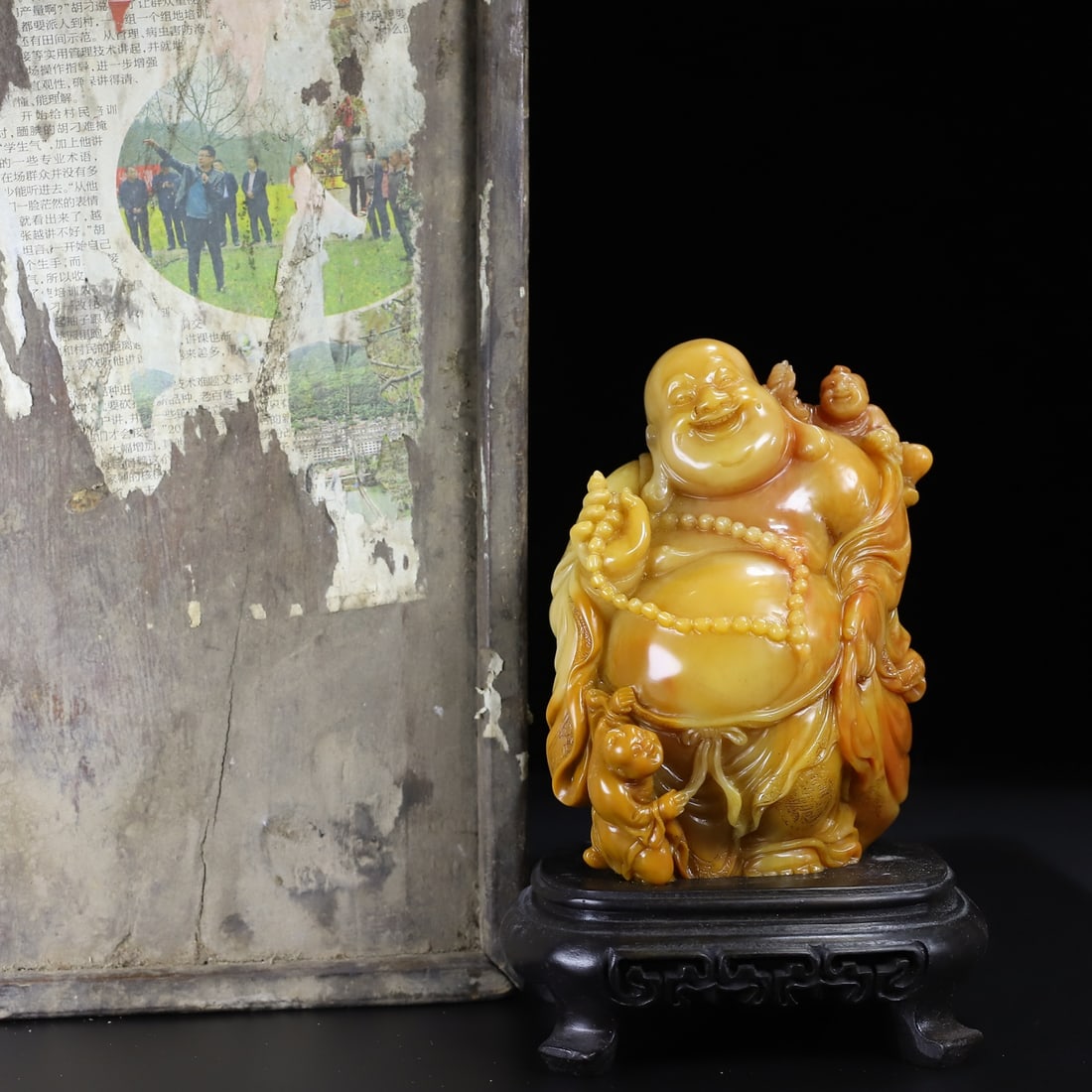 Tianhuang Shoushan Soapstone Hand-Carved Buddha & Kid Statue - 5