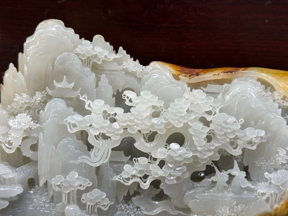Original Stone Hetian Jade Hand-Carved Mountain Statue w Playing Chess Old Men - 2
