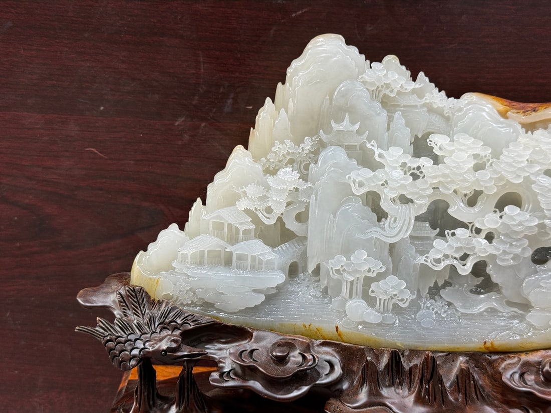 Original Stone Hetian Jade Hand-Carved Mountain Statue w Playing Chess Old Men - 3