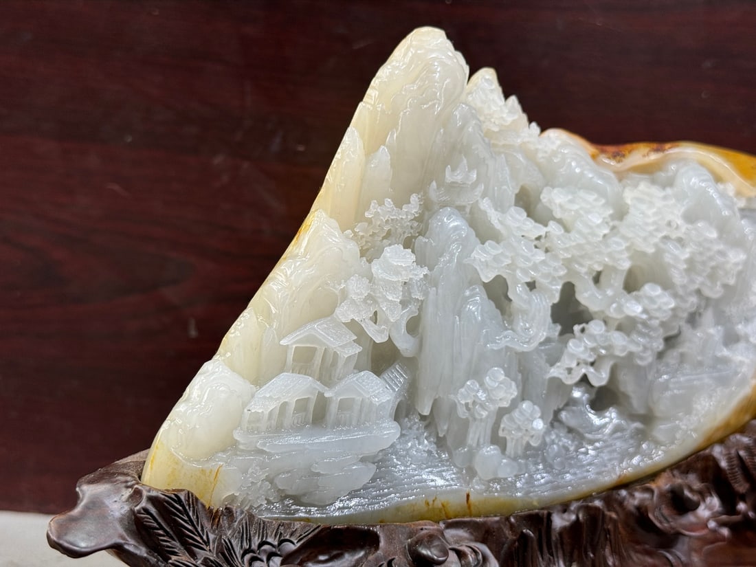 Original Stone Hetian Jade Hand-Carved Mountain Statue w Playing Chess Old Men - 5