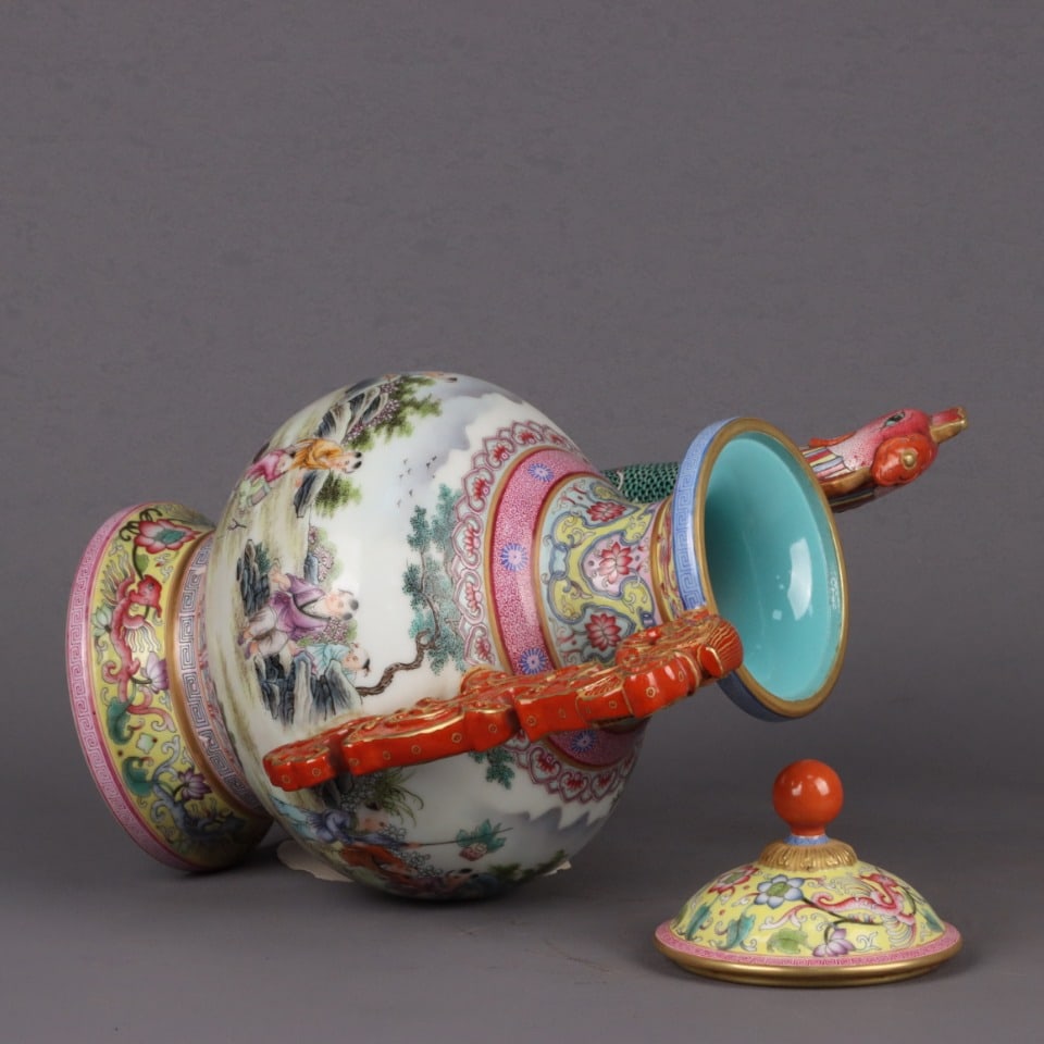 Gilt Gold Famille Rose Dragon Phoenix Porcelain Wine Pot w Qianlong Mark - 3