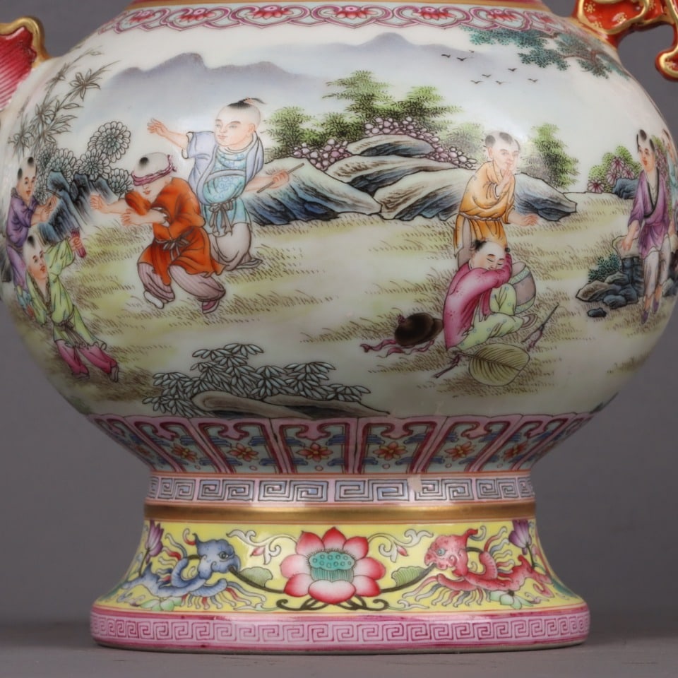 Gilt Gold Famille Rose Dragon Phoenix Porcelain Wine Pot w Qianlong Mark - 5
