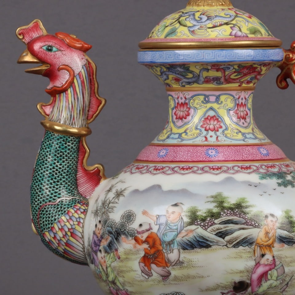 Gilt Gold Famille Rose Dragon Phoenix Porcelain Wine Pot w Qianlong Mark - 6