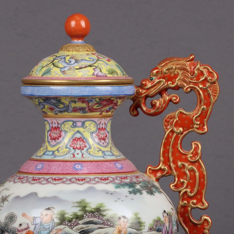 Gilt Gold Famille Rose Dragon Phoenix Porcelain Wine Pot w Qianlong Mark - 7
