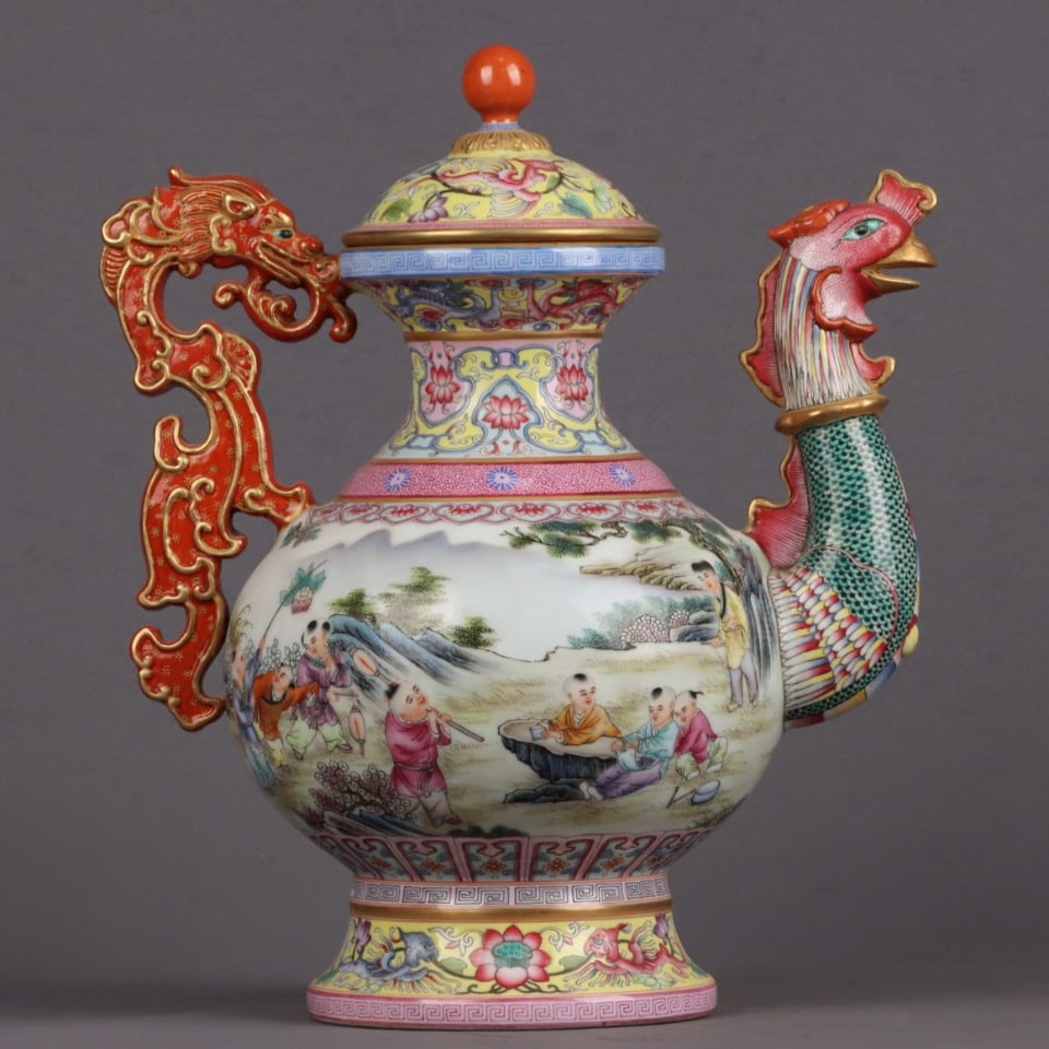 Gilt Gold Famille Rose Dragon Phoenix Porcelain Wine Pot w Qianlong Mark - 8