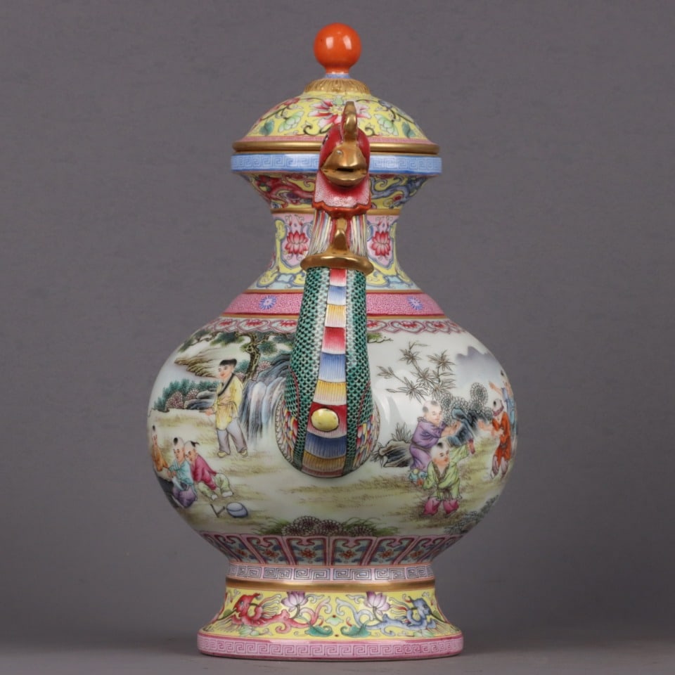 Gilt Gold Famille Rose Dragon Phoenix Porcelain Wine Pot w Qianlong Mark - 9