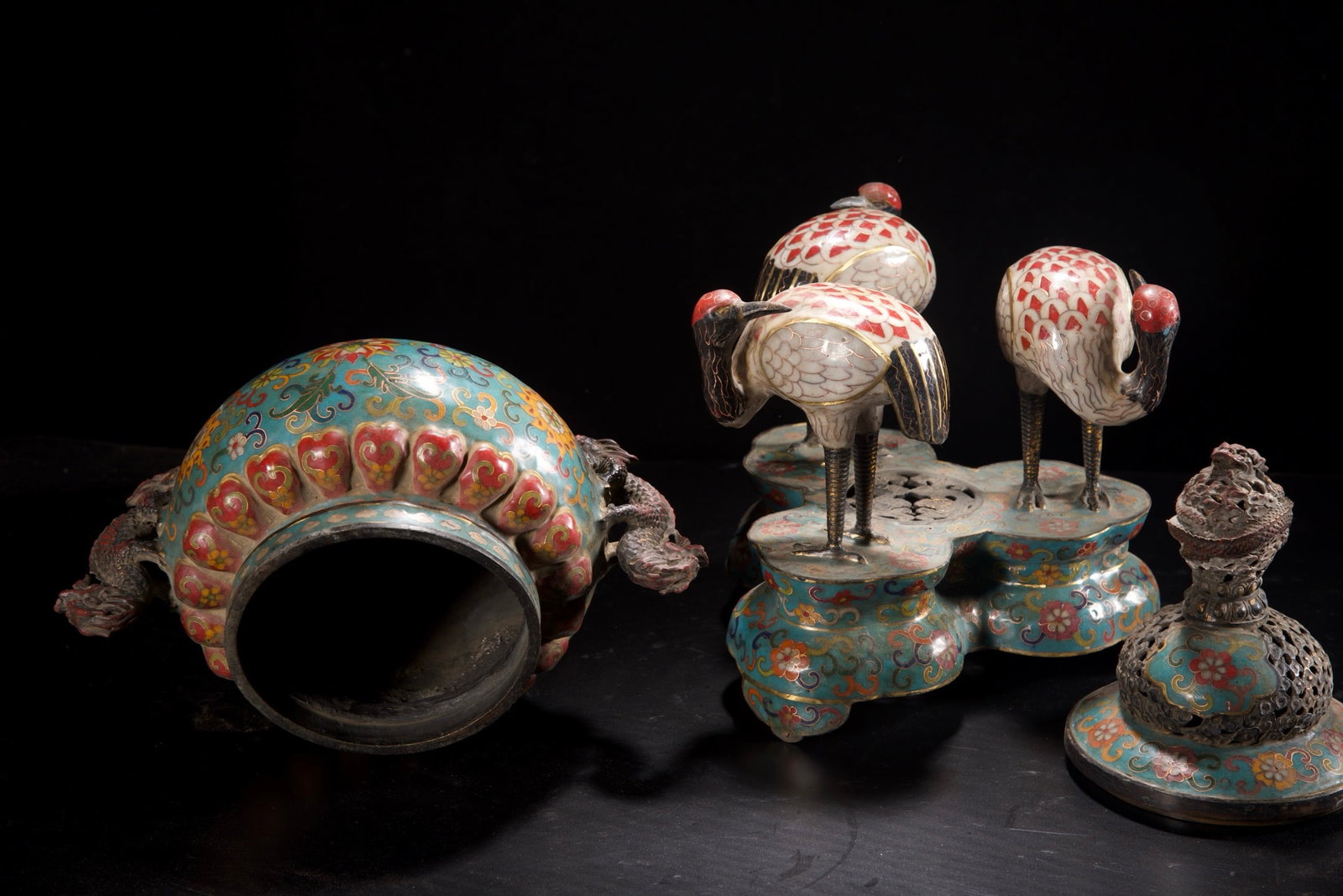 Old Bronze Cloisonne Crane Incense Burner - 3