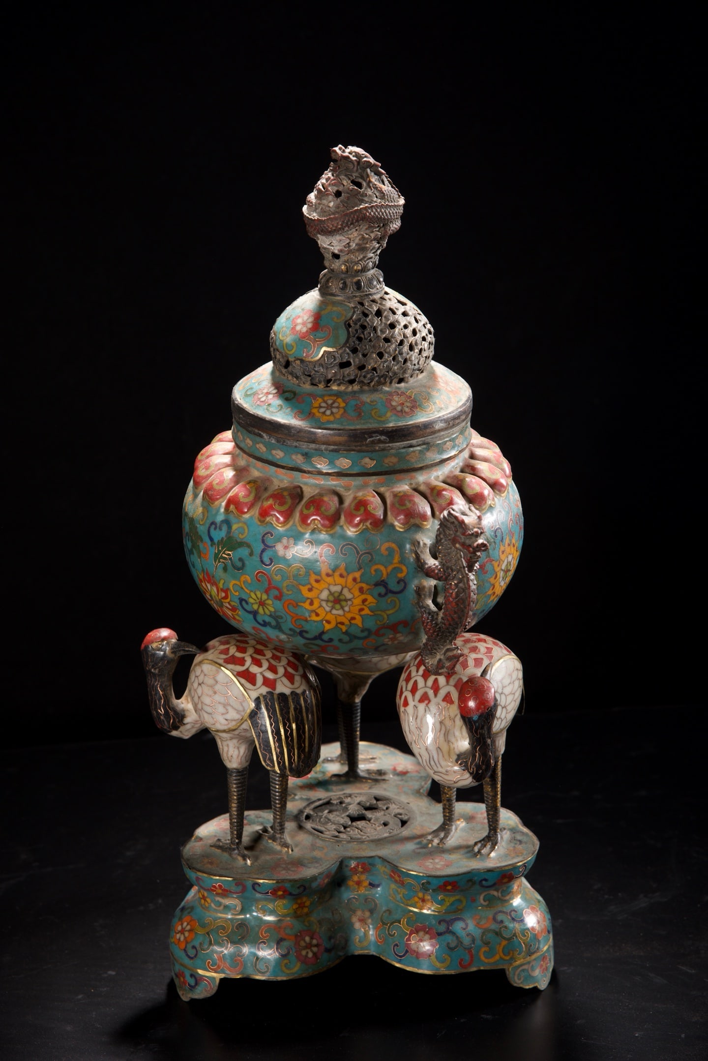 Old Bronze Cloisonne Crane Incense Burner - 4
