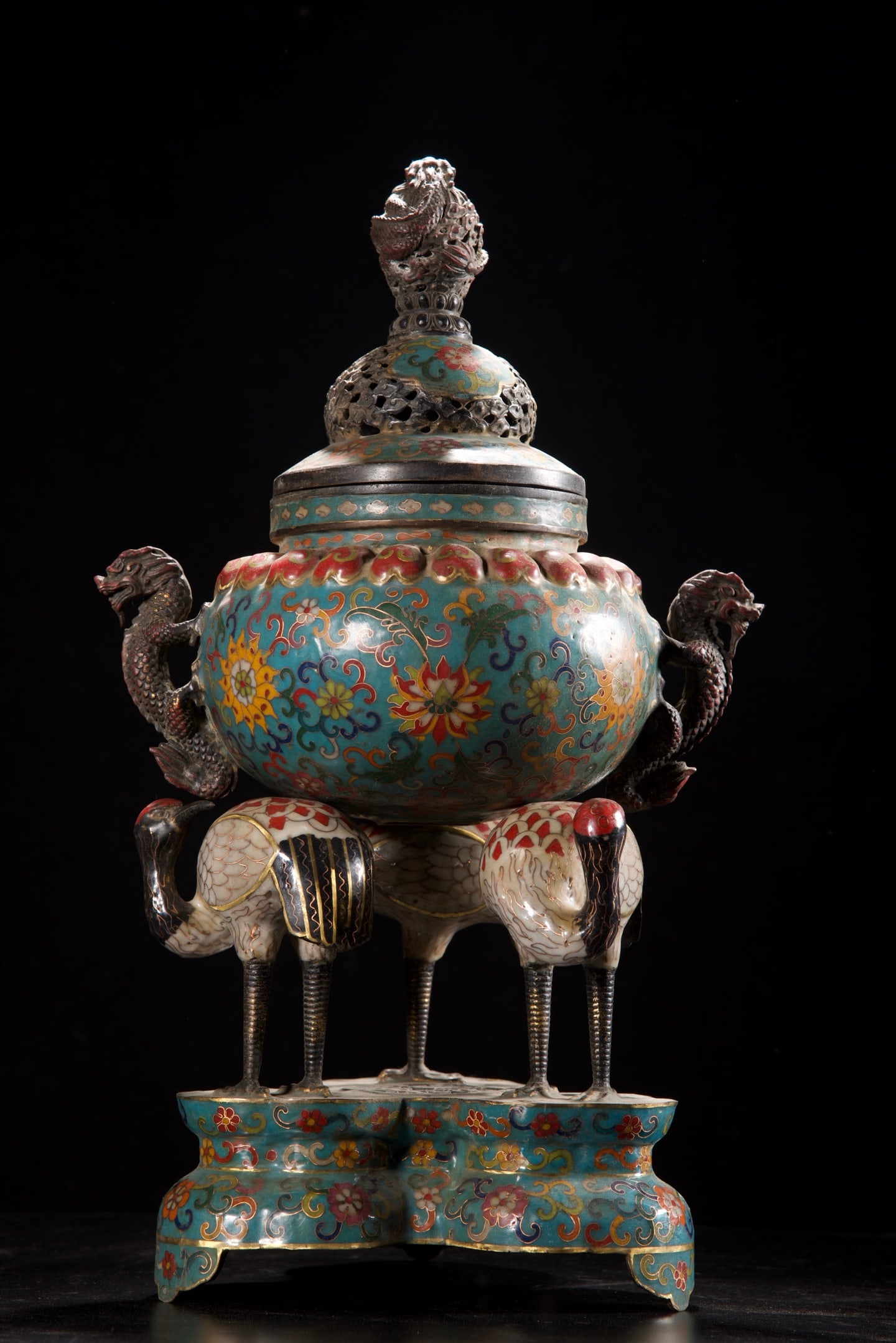 Old Bronze Cloisonne Crane Incense Burner - 5