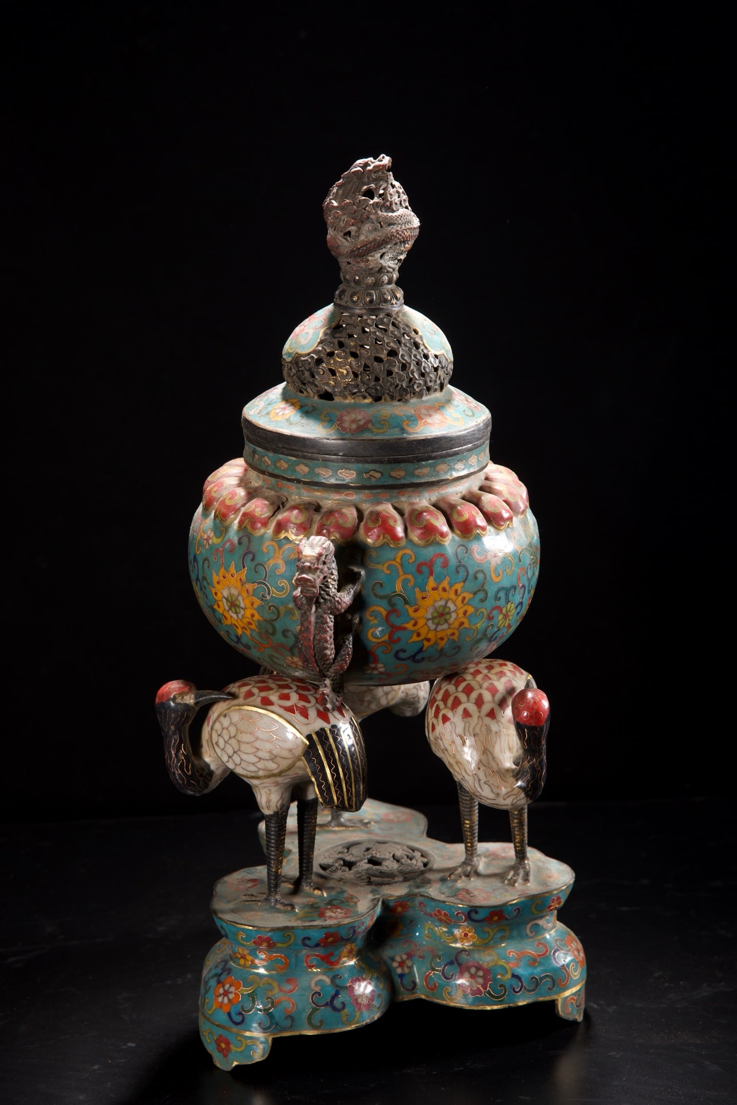 Old Bronze Cloisonne Crane Incense Burner - 6