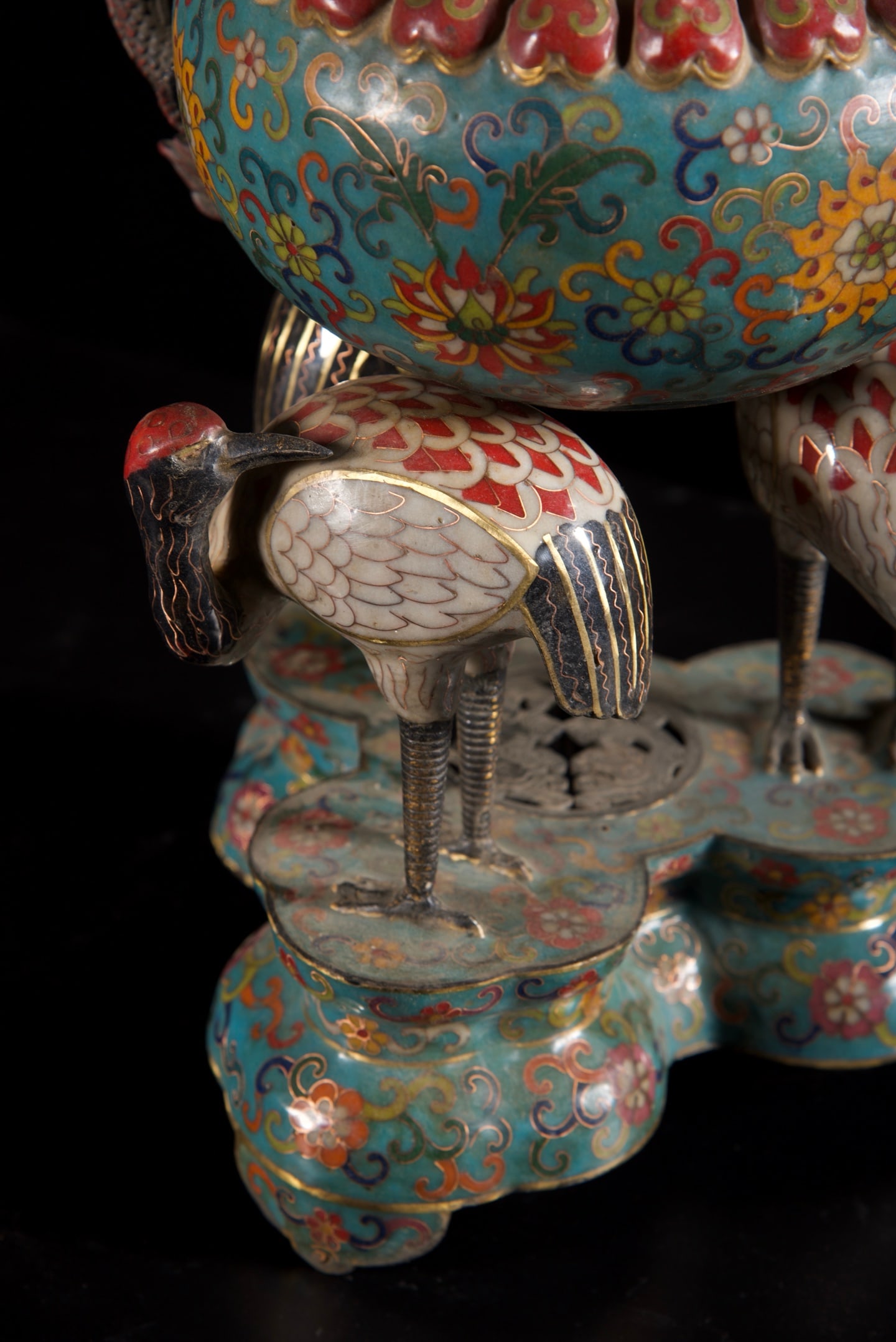 Old Bronze Cloisonne Crane Incense Burner - 7
