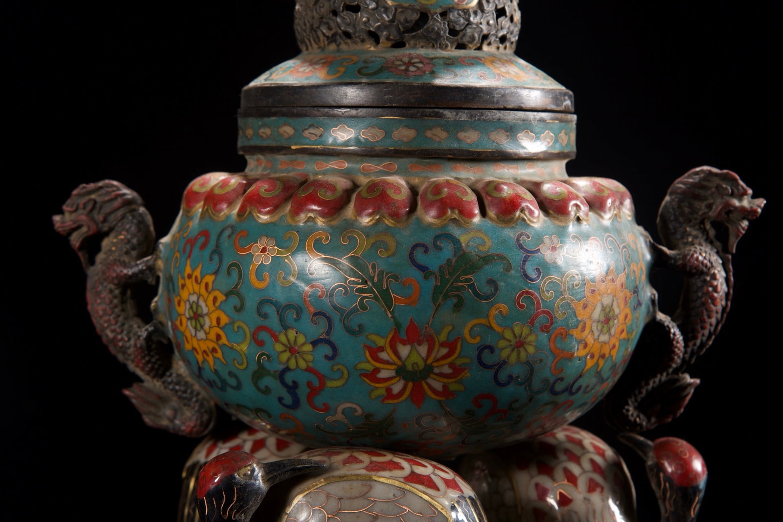 Old Bronze Cloisonne Crane Incense Burner - 8