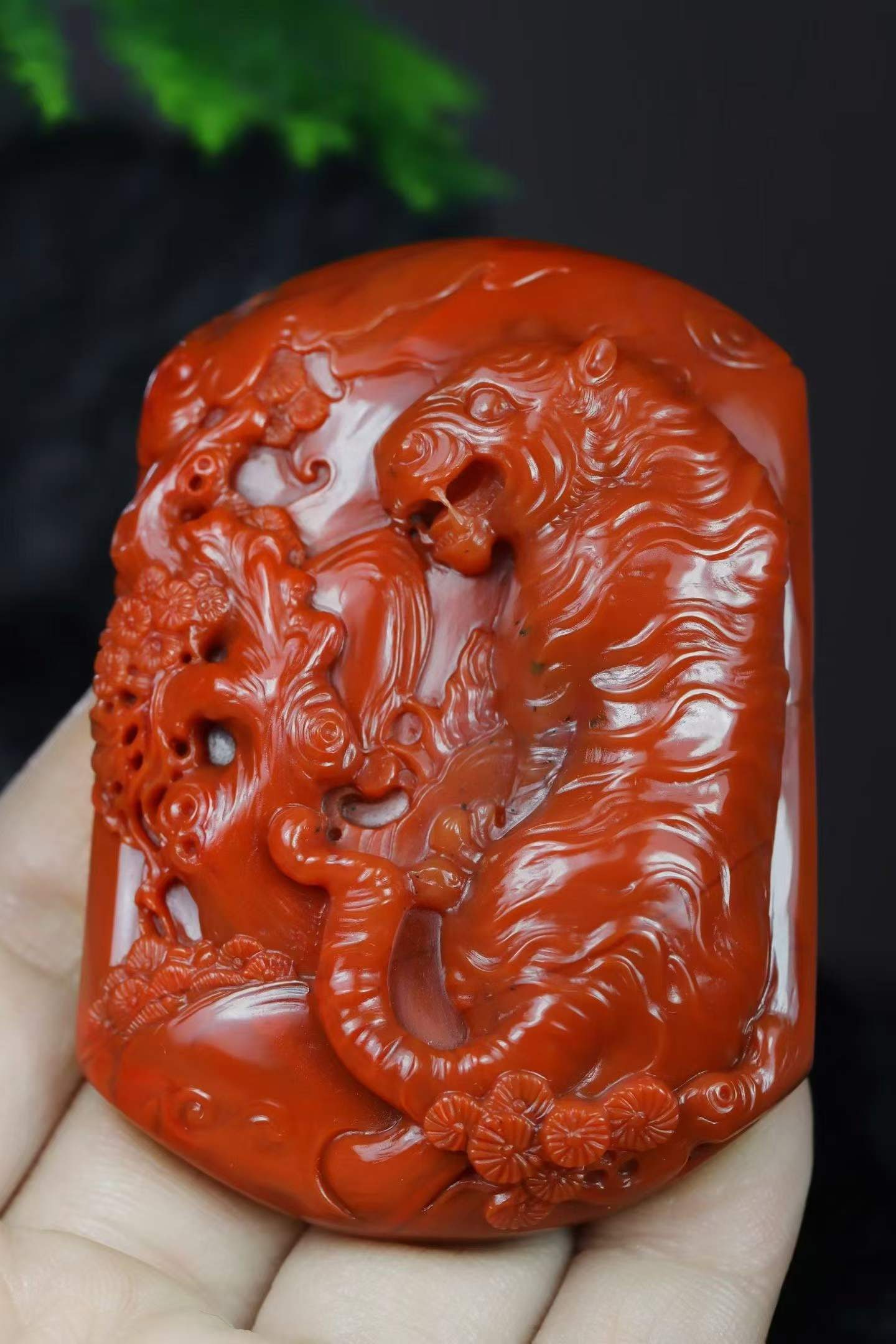 Nanhong Agate Hand-Carved Tiger & Pine Tree Pendant with Certificate - 8