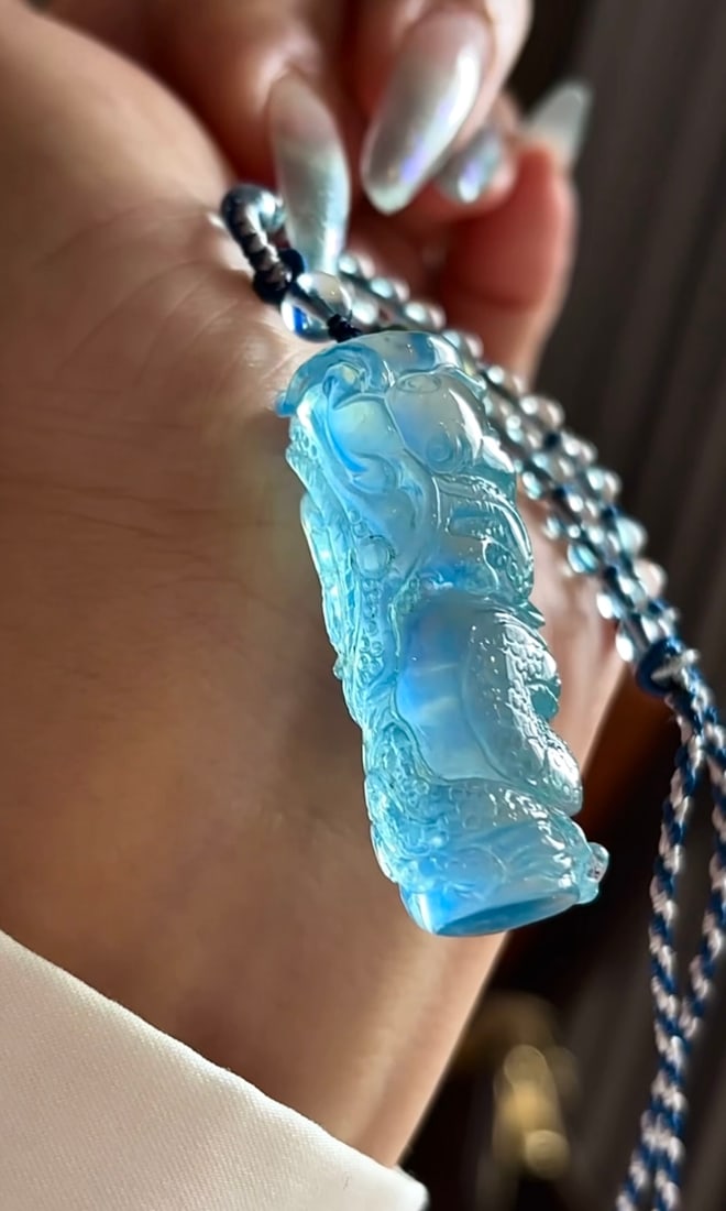 Natural Aquamarine Hand-Carved Dragon Pendant with Certificate - 3