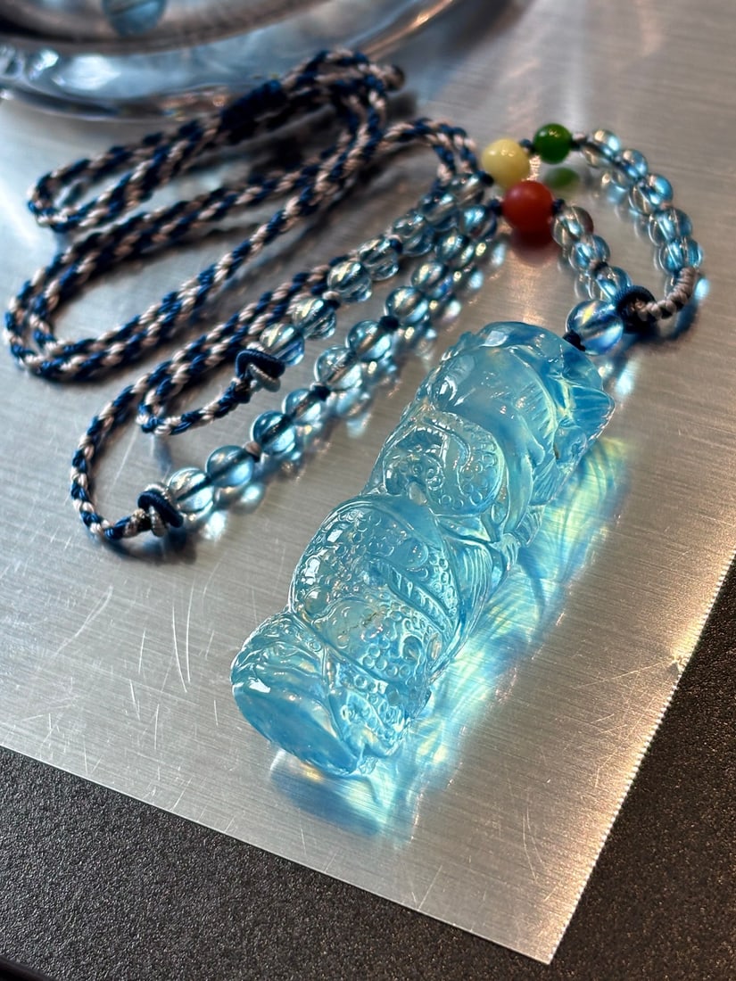 Natural Aquamarine Hand-Carved Dragon Pendant with Certificate - 5