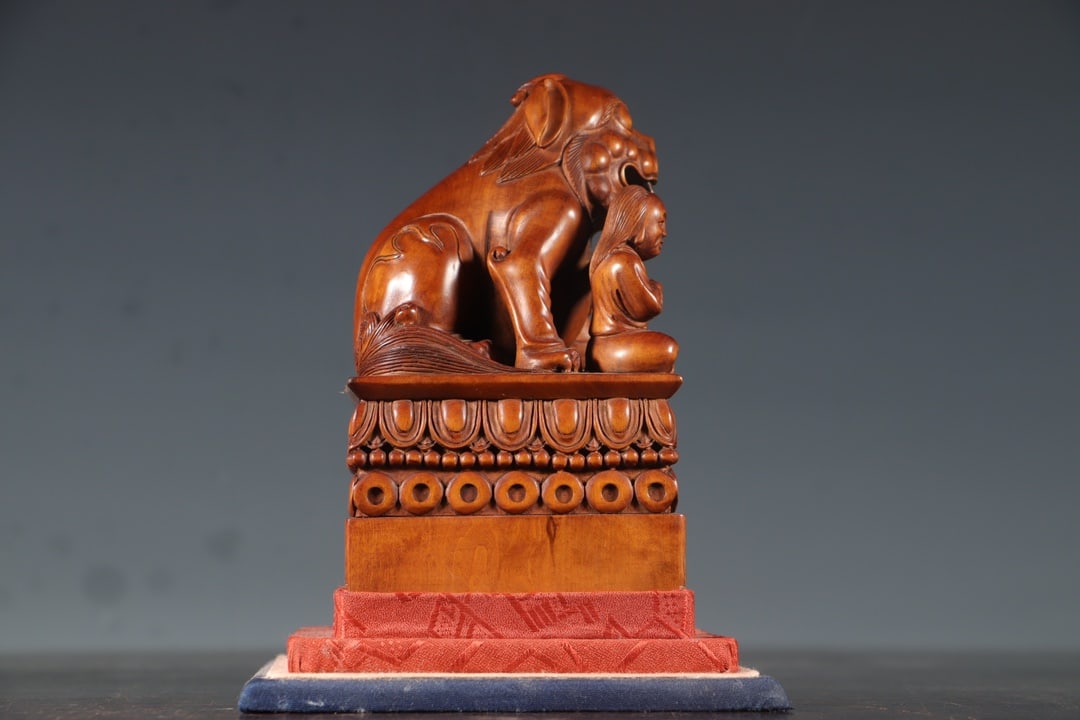 Vintage Boxwood Wood Hand-Carved Fortune Lion & Figure Seal - 10