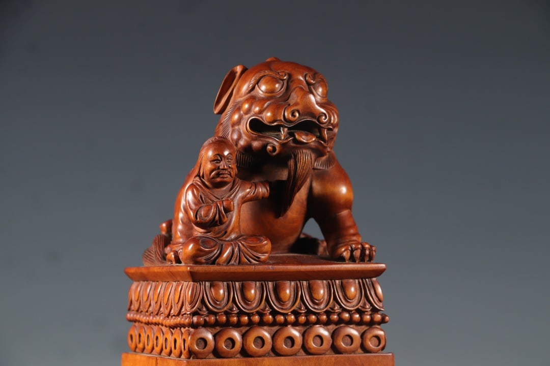 Vintage Boxwood Wood Hand-Carved Fortune Lion & Figure Seal - 6