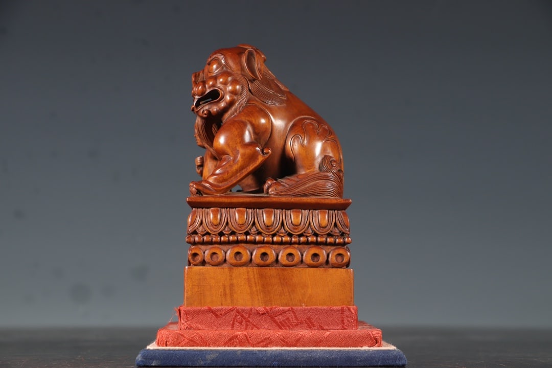 Vintage Boxwood Wood Hand-Carved Fortune Lion & Figure Seal - 8