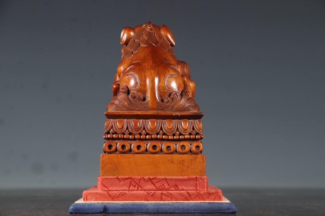 Vintage Boxwood Wood Hand-Carved Fortune Lion & Figure Seal - 9