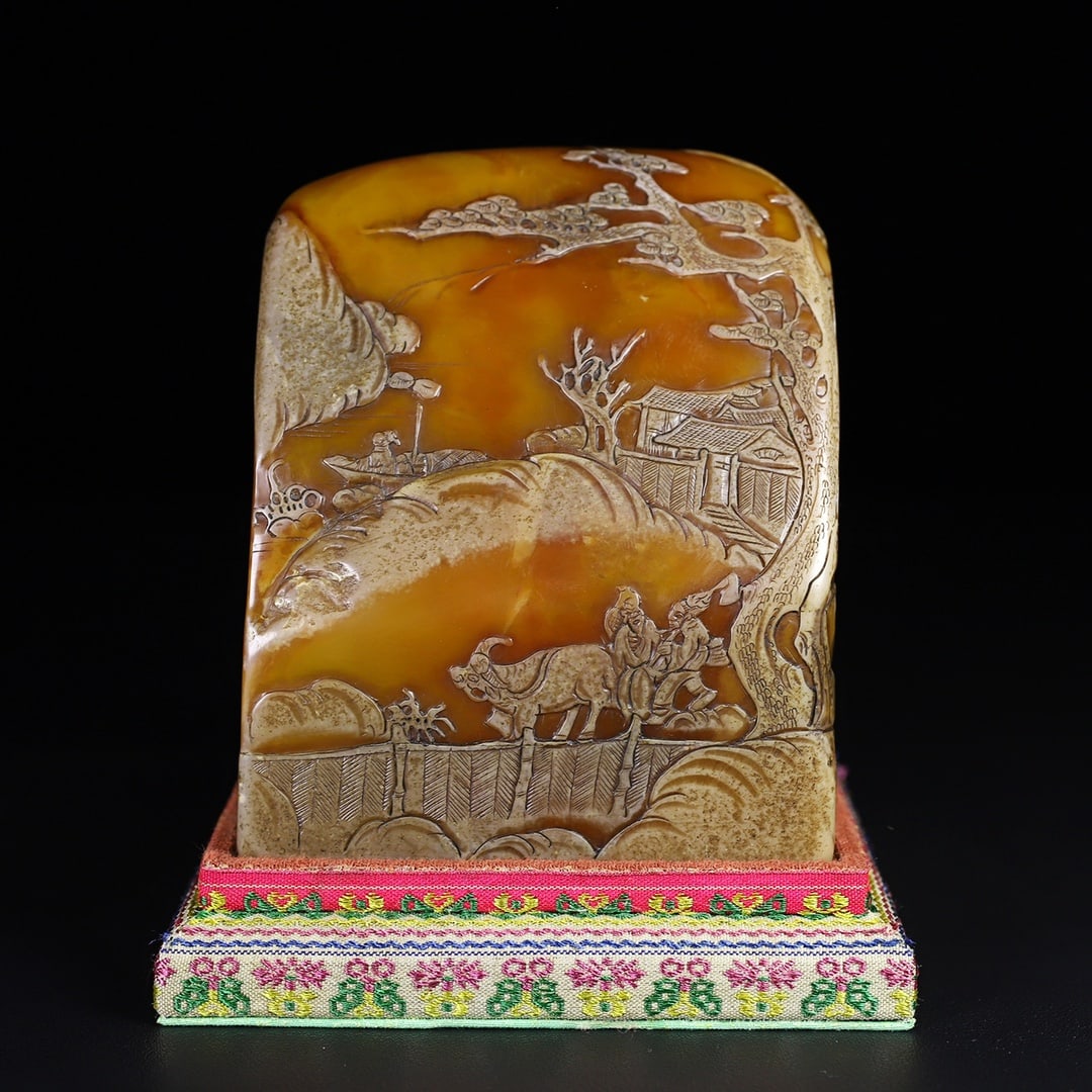 Tianhuang Shoushan Soapstone Sage Meeting Seal Statue w Box - 6