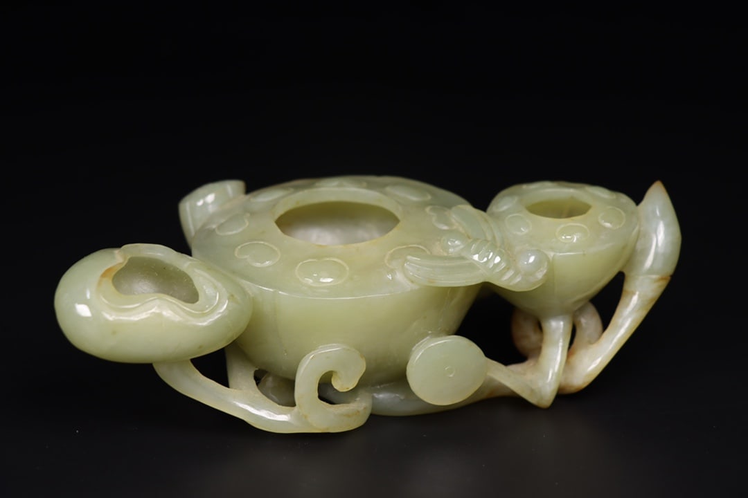 Hetian Jade Hand-Carved Lotus Brush Washer Statue Old - 7