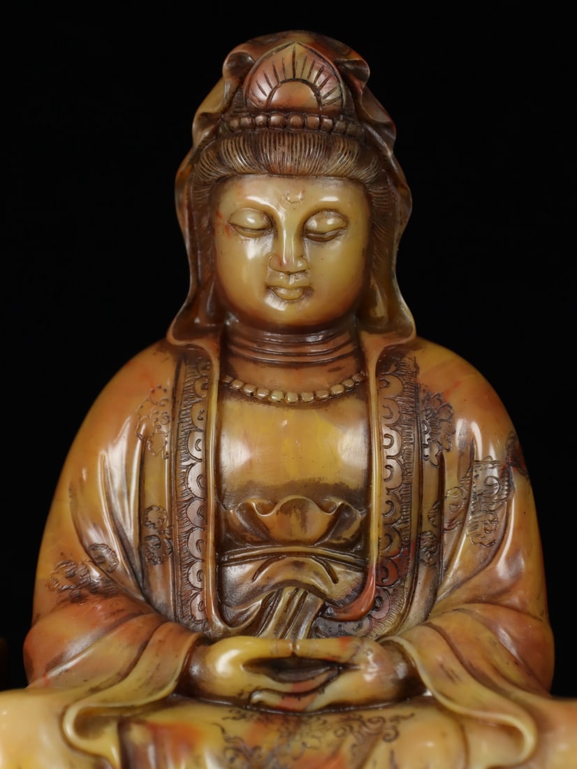 Old Chinese Shoushan Stone Statue - Kwan-yin - 9