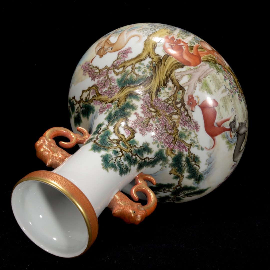 Gilt Gold Famille Rose Porcelain Vase w Qianlong Mark - 3