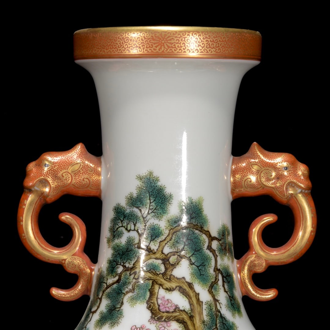 Gilt Gold Famille Rose Porcelain Vase w Qianlong Mark - 7