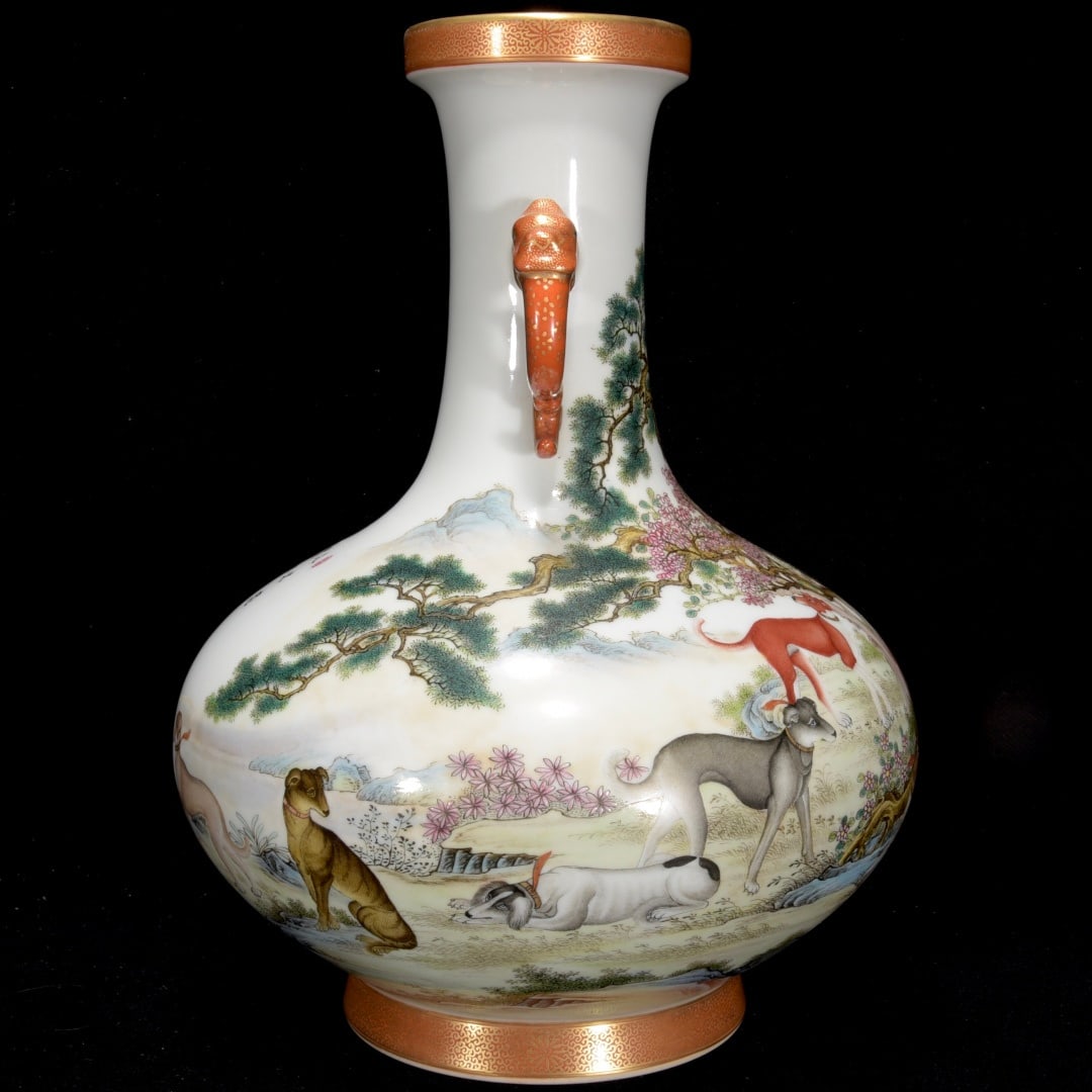 Gilt Gold Famille Rose Porcelain Vase w Qianlong Mark - 9