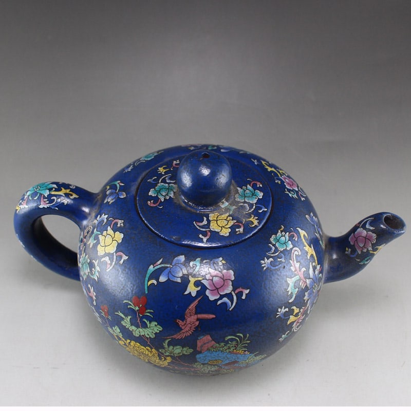 Famille Rose Blue Yixing Zisha Clay Flower Teapot - 2