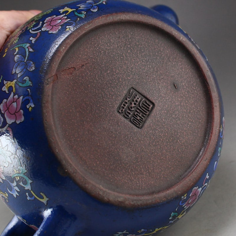 Famille Rose Blue Yixing Zisha Clay Flower Teapot - 3