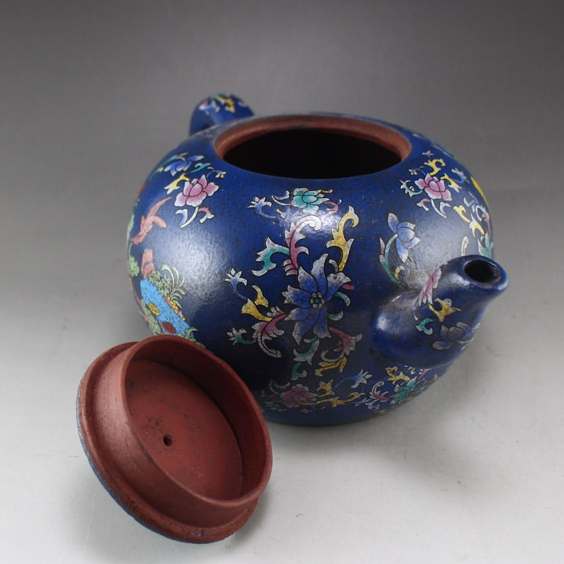 Famille Rose Blue Yixing Zisha Clay Flower Teapot - 4